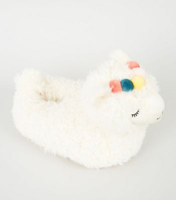 Off White Fluffy Llama Slippers | New Look