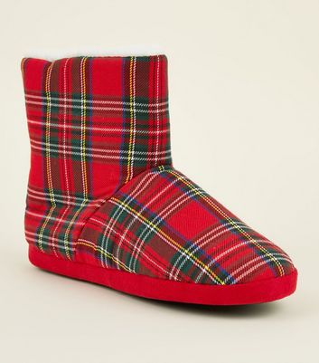 Red Tartan Check Slipper Boots | New Look
