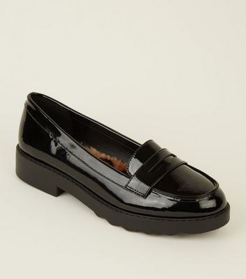 Black Patent Faux Fur Lined Loafers 