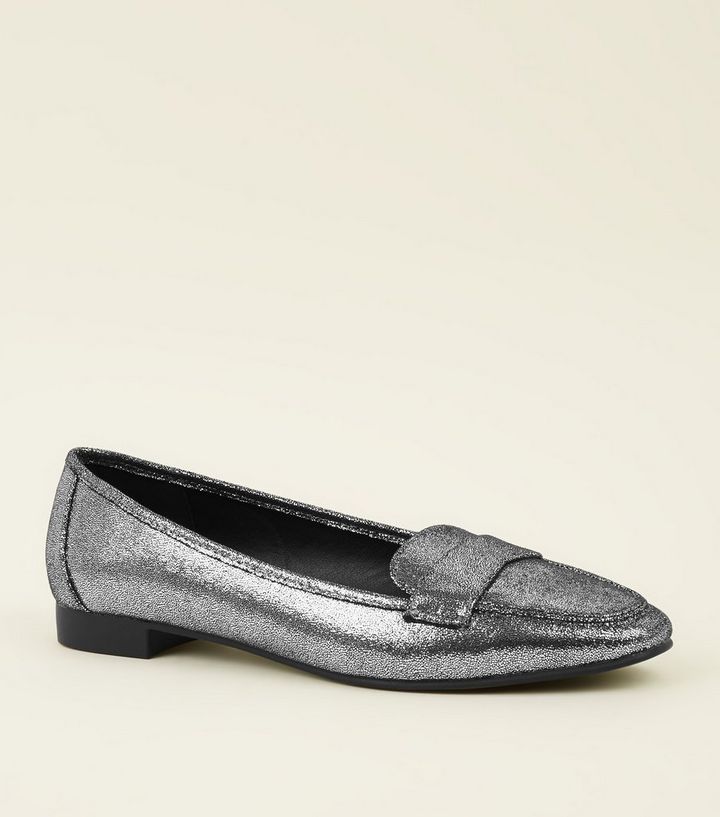 Wide Fit Strukturierte Loafers In Silber Metallic New Look