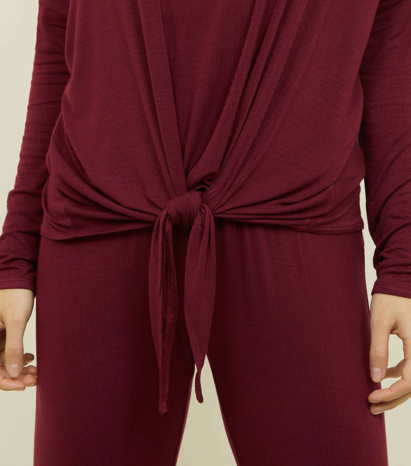 Burgundy Drop Needle Tie Front Pyjama Sweatshirt Image 5