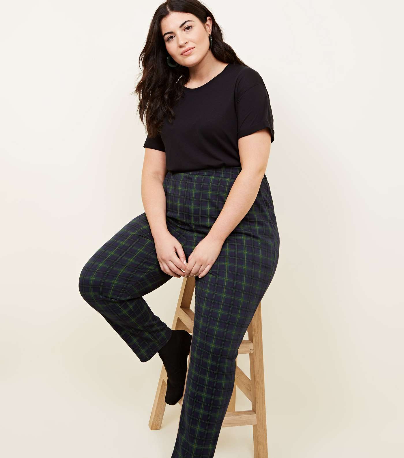 Curves Navy Check Trousers  Image 5