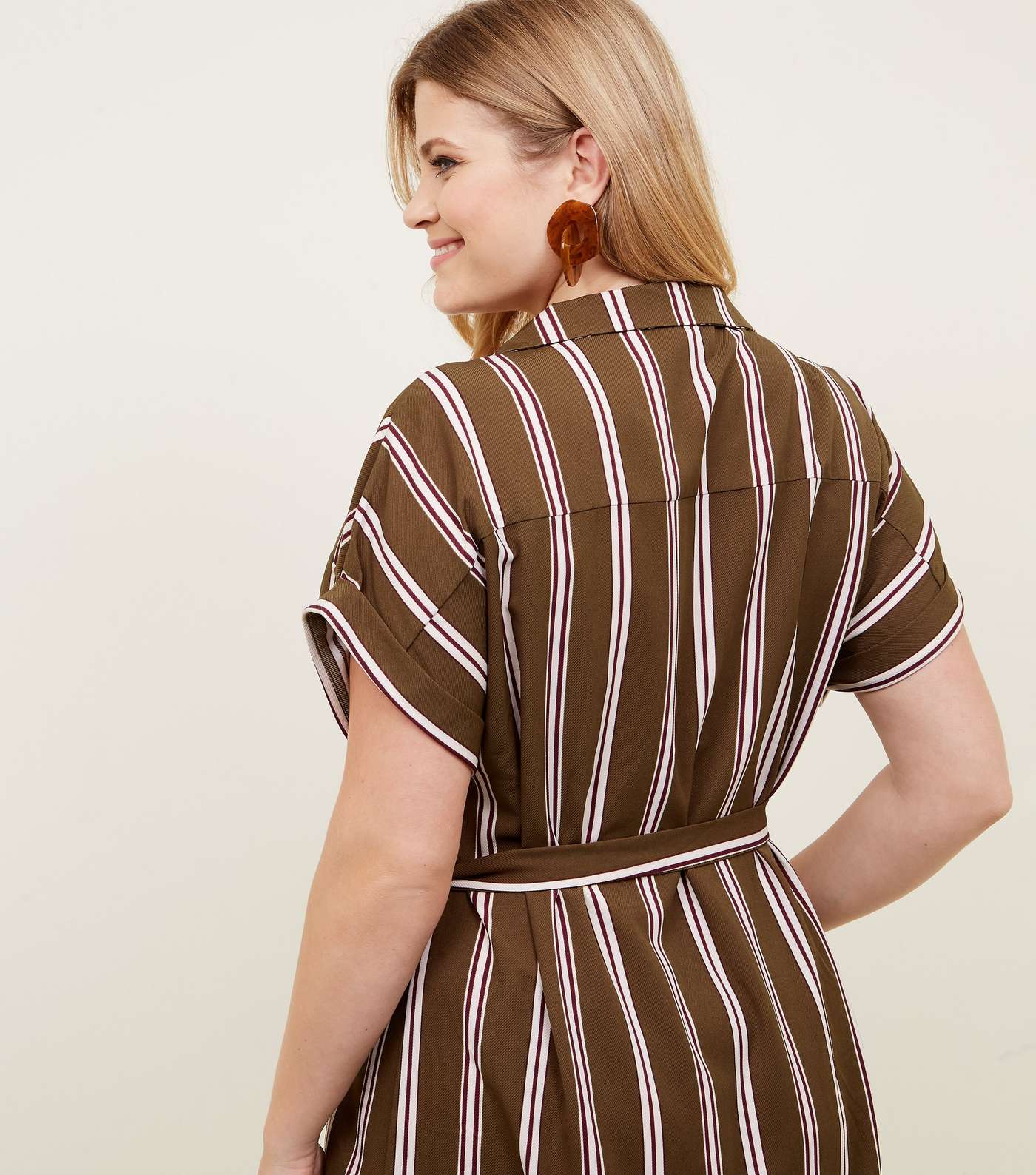 Curves Green Stripe Midi Shirt Dress Image 3