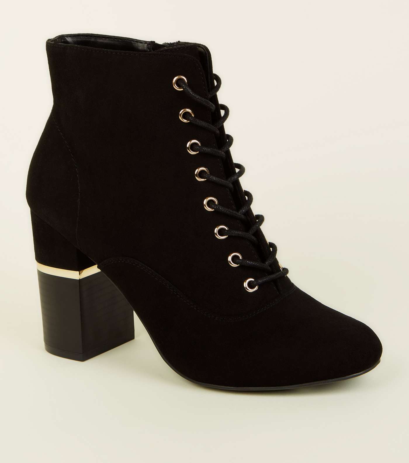 Black Lace Up Gold Trim Block Heel Boots