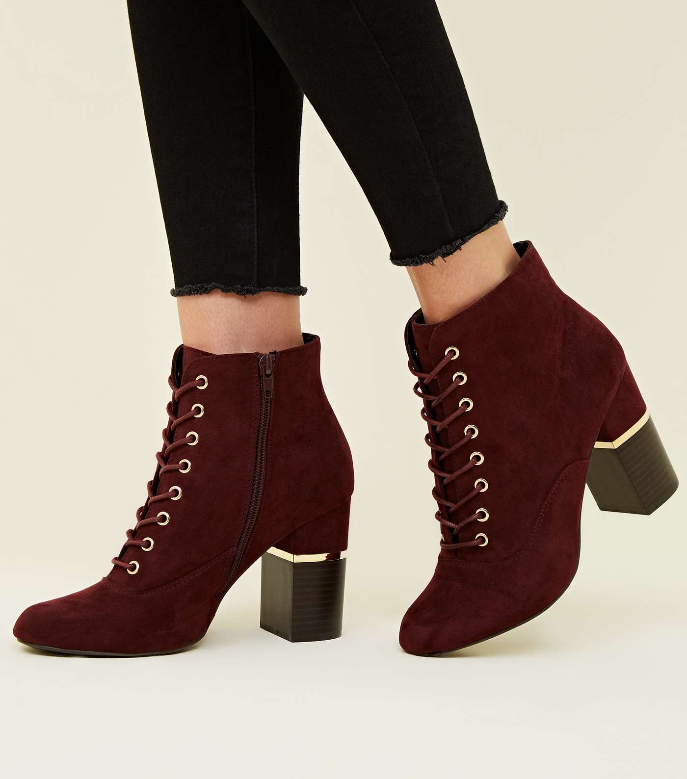 Dark Red Lace Up Gold Trim Block Heel Boots Image 2