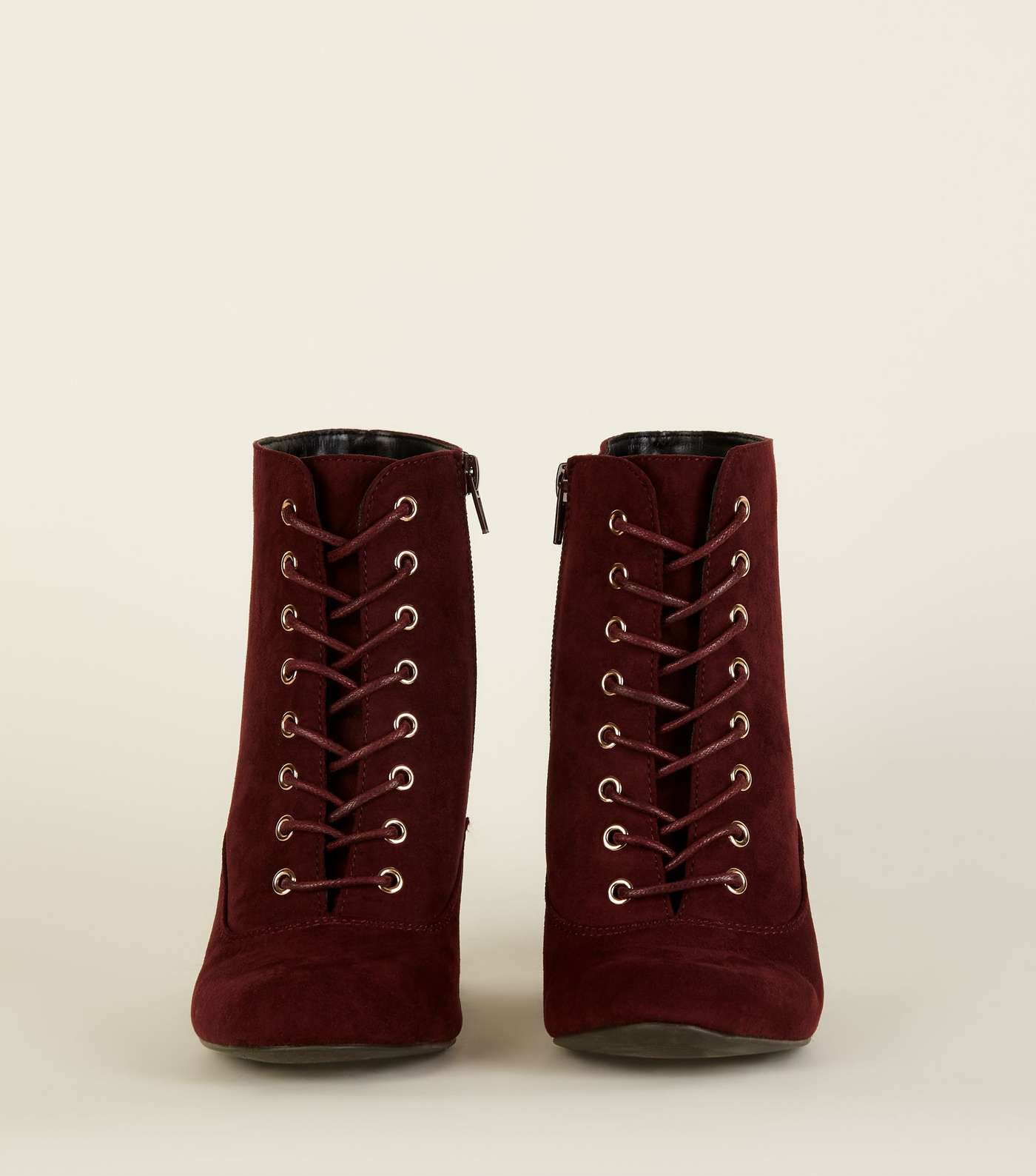 Dark Red Lace Up Gold Trim Block Heel Boots Image 4