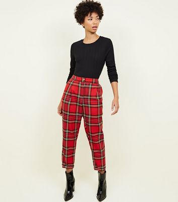 Curves Red Tartan Slim Stretch Trousers  New Look