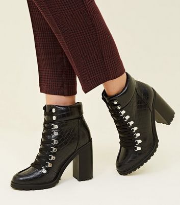 Black Faux Croc Lace Up Heeled Boots 