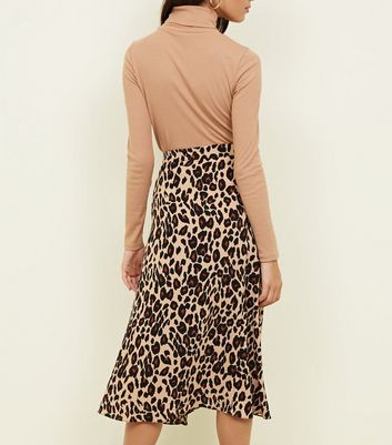 new look brown leopard print midi wrap skirt