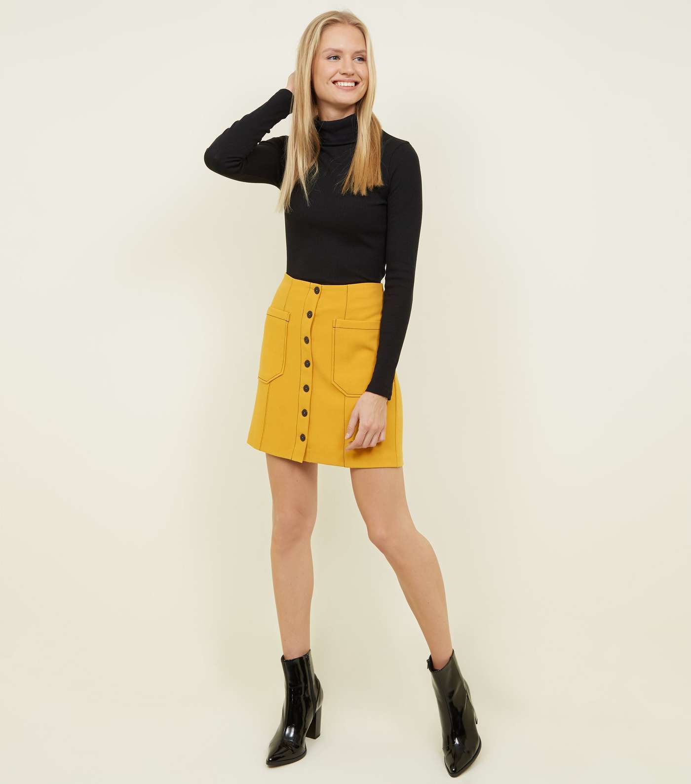 Yellow Contrast Stitch Button Front Mini Skirt Image 2