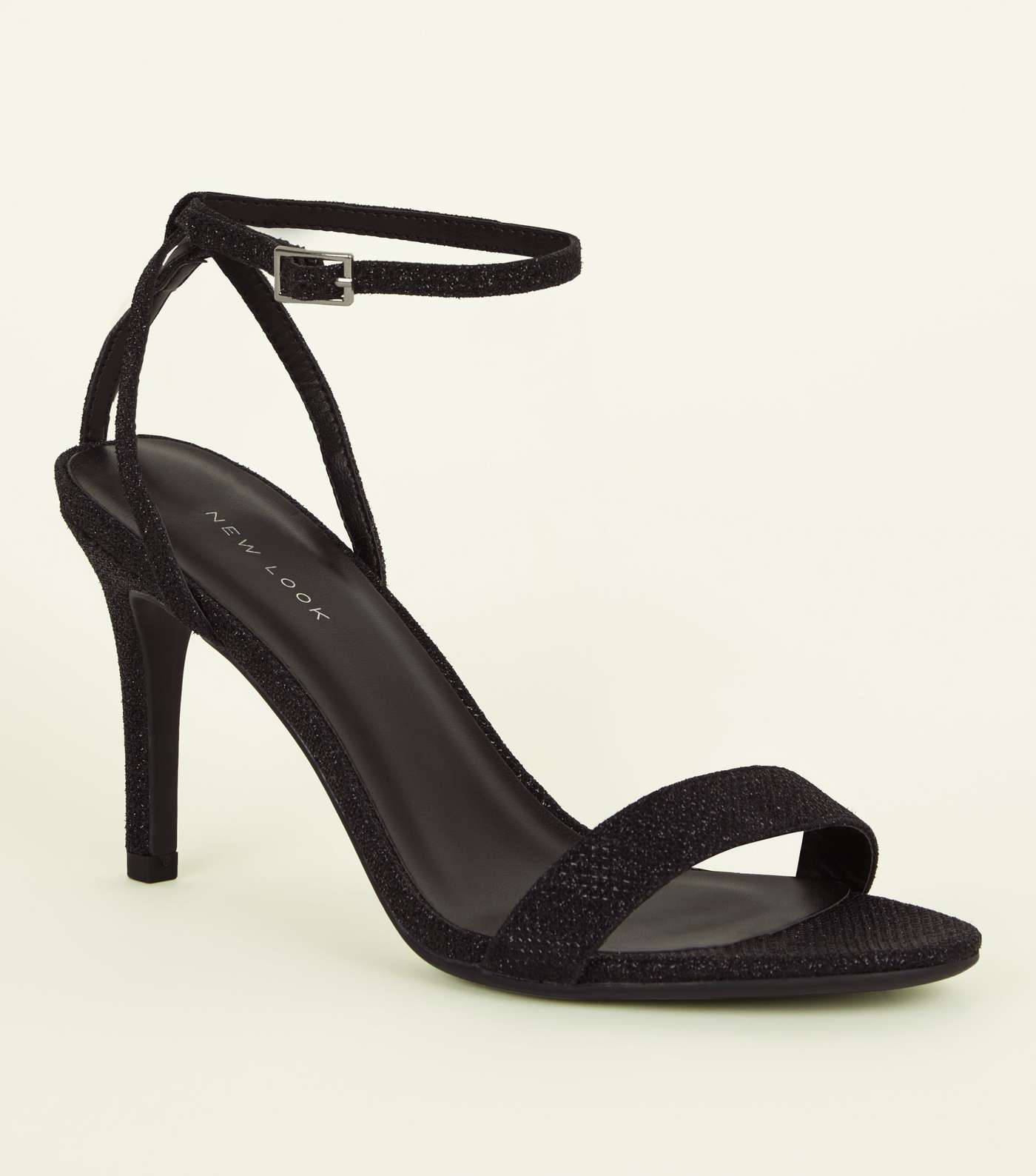 Black Glitter Stiletto Heeled Sandals 