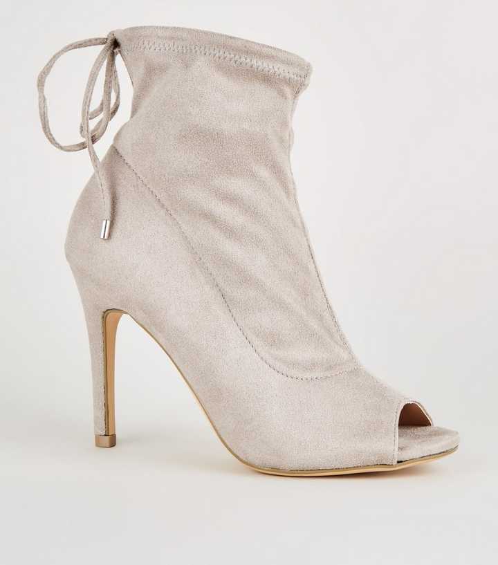 Grey Suedette Peep Toe Stiletto Sock Boots