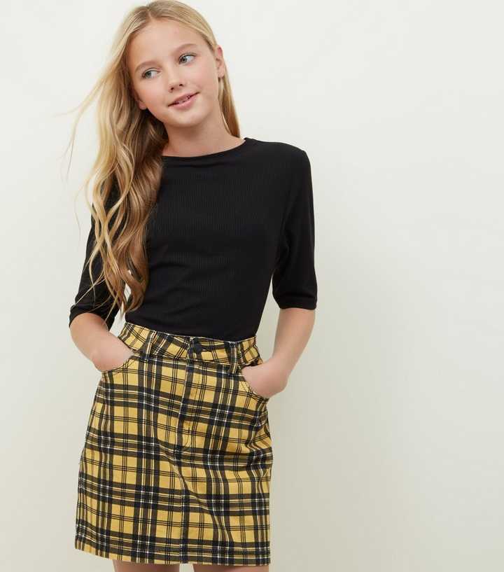 Girls Yellow Check Denim Mini Skirt | New Look