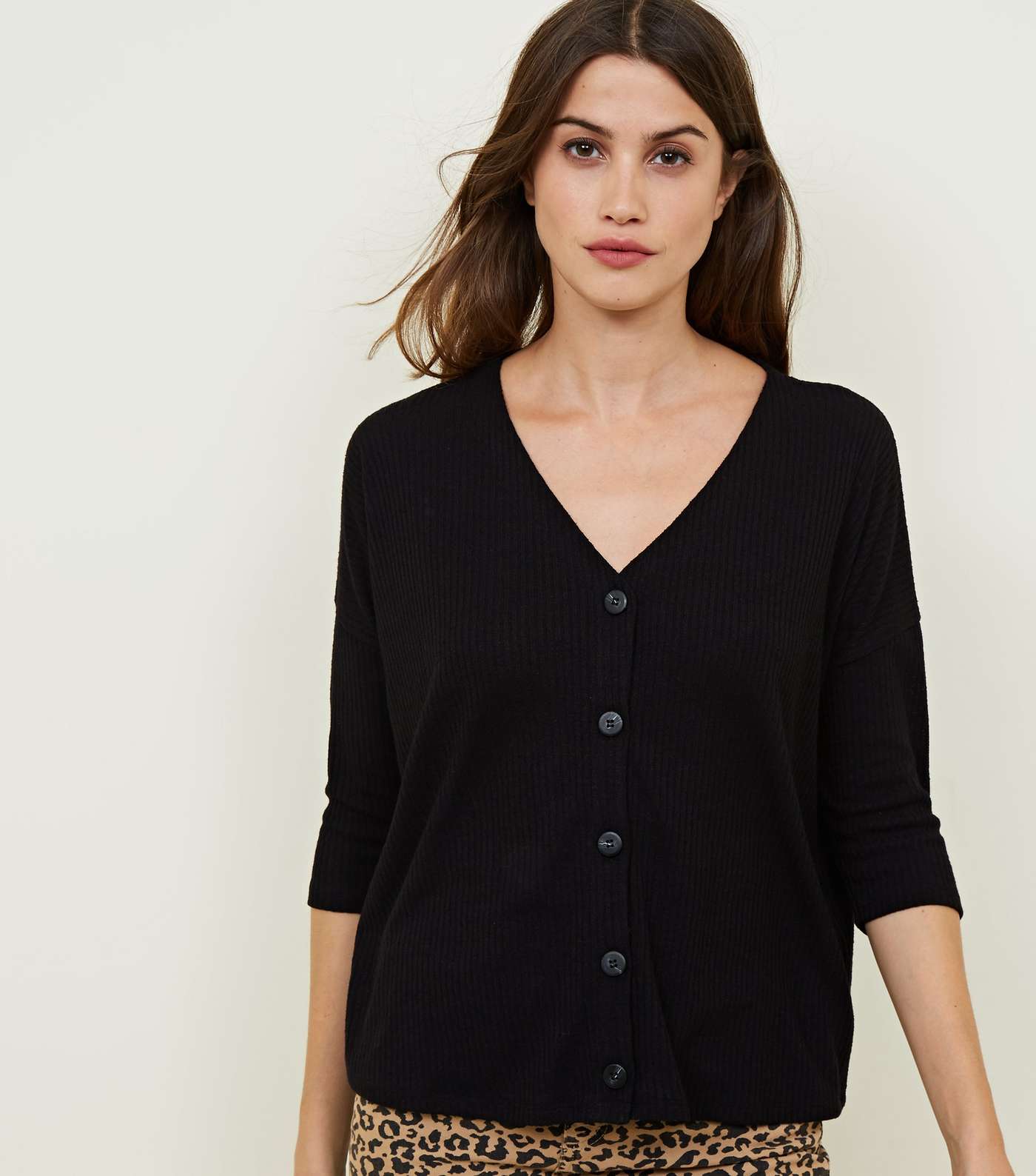 Black Ribbed Fine Knit Button Front Top