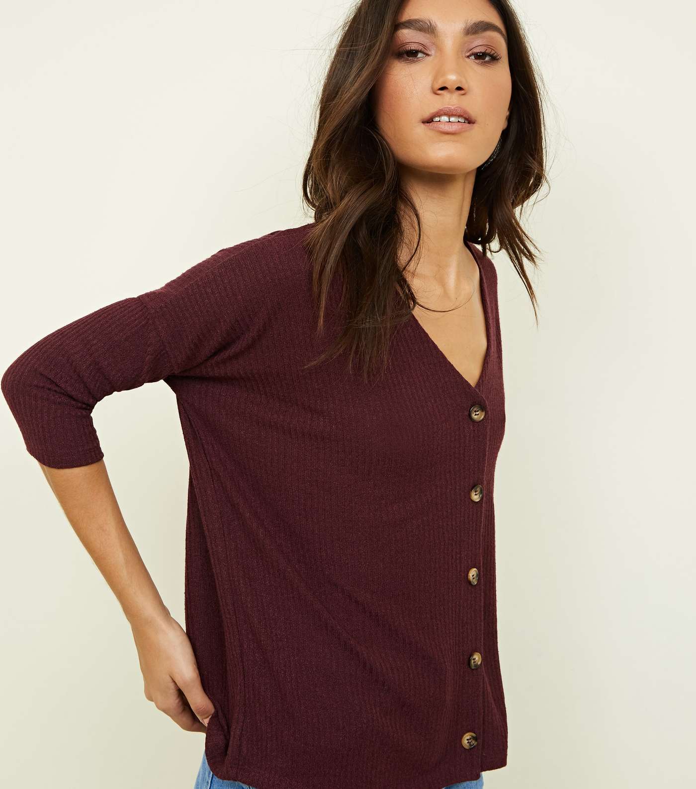Burgundy Ribbed Fine Knit Button Front Top