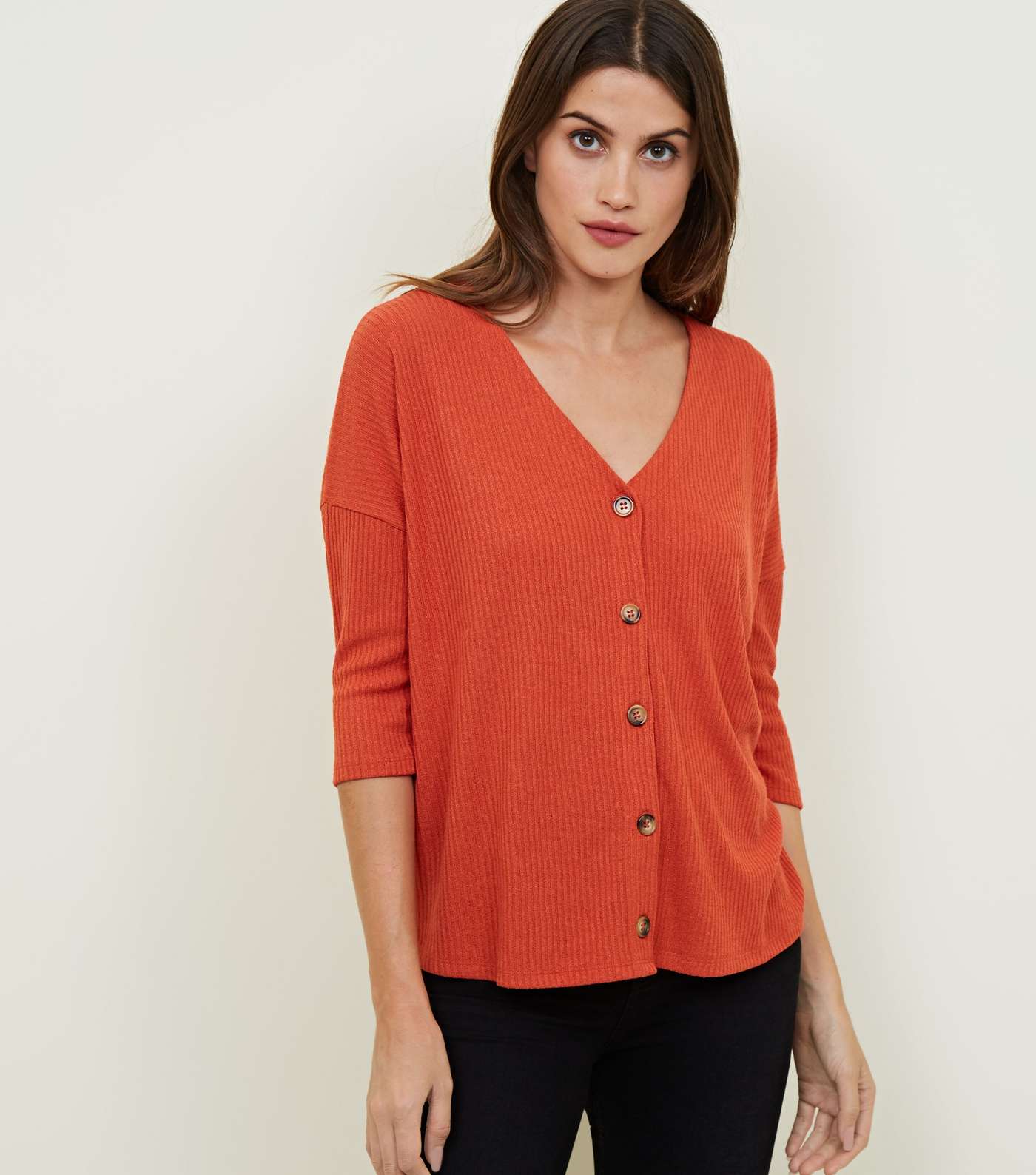 Orange Ribbed Fine Knit Button Front Top