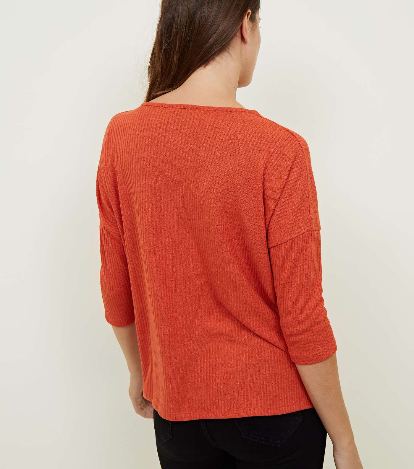 Orange Ribbed Fine Knit Button Front Top Image 3