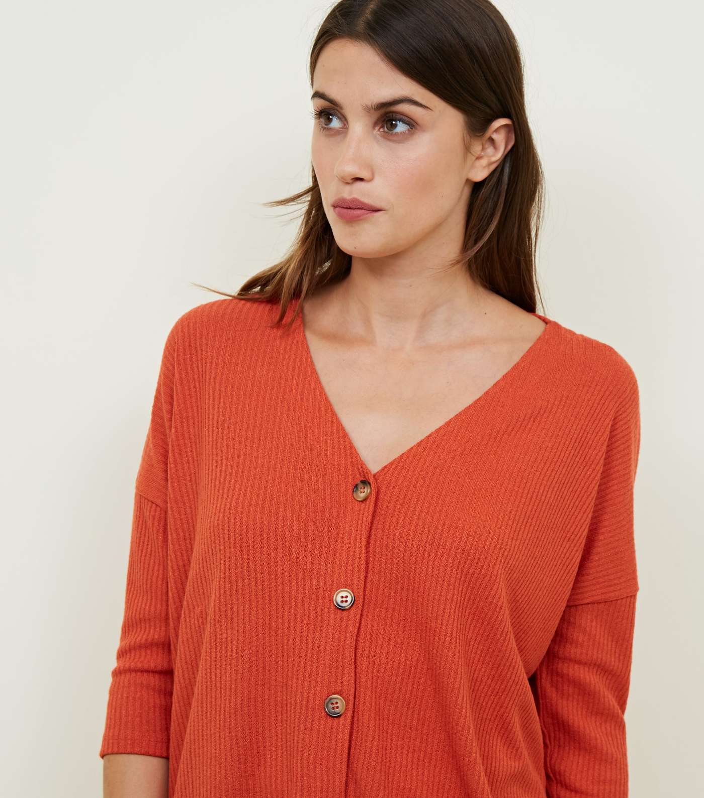 Orange Ribbed Fine Knit Button Front Top Image 5