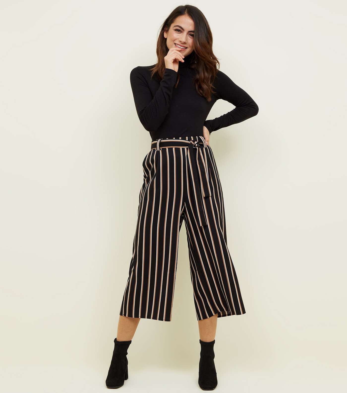 Petite Black Stripe Twill Paperbag Waist Trousers