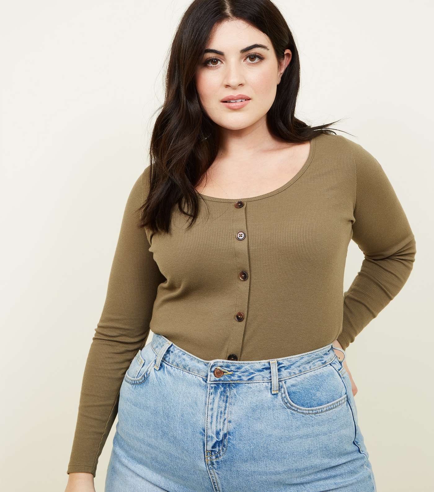 Curves Khaki Ribbed Button Front Top 