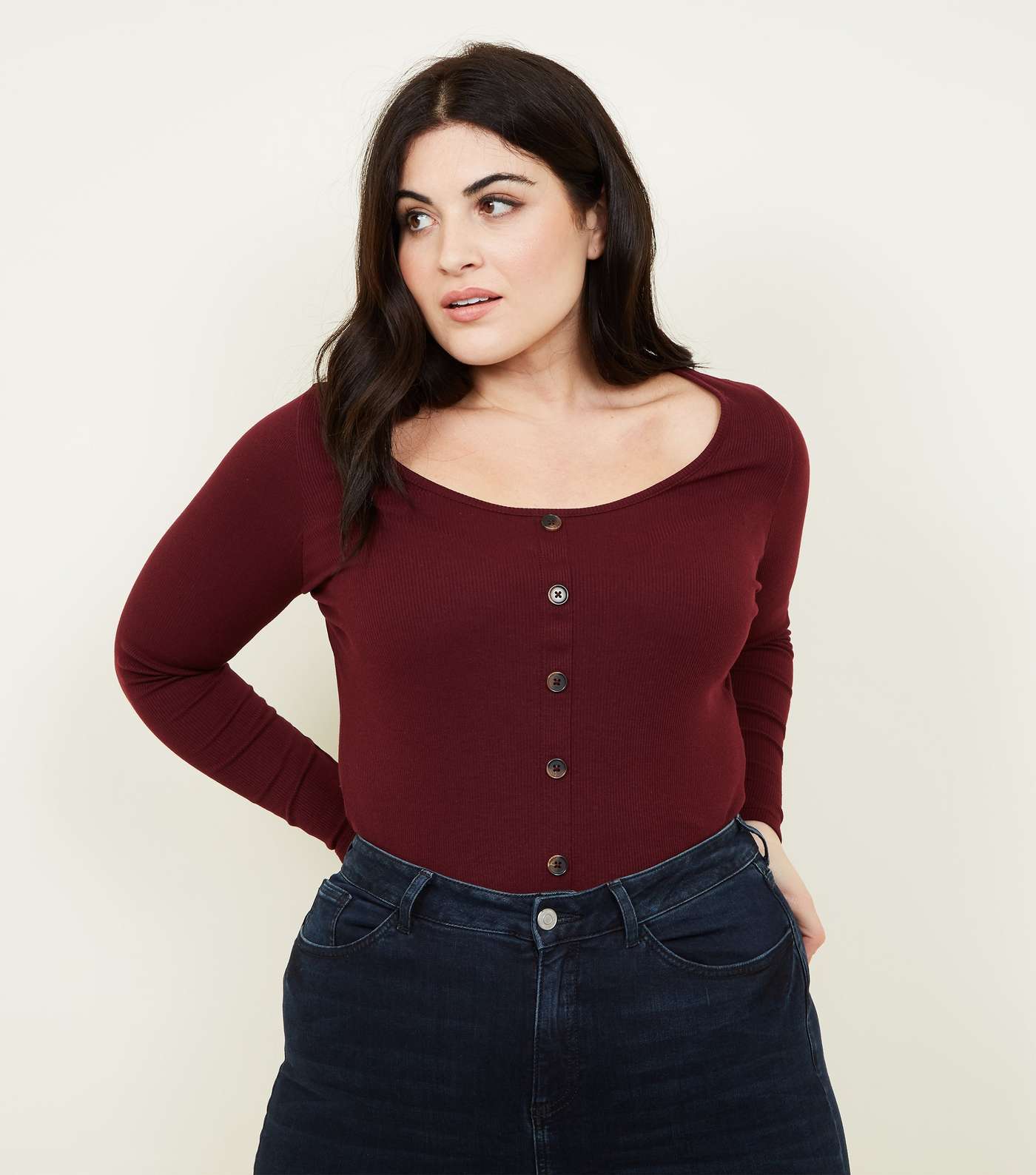 Curves Burgundy Ribbed Button Front Top 