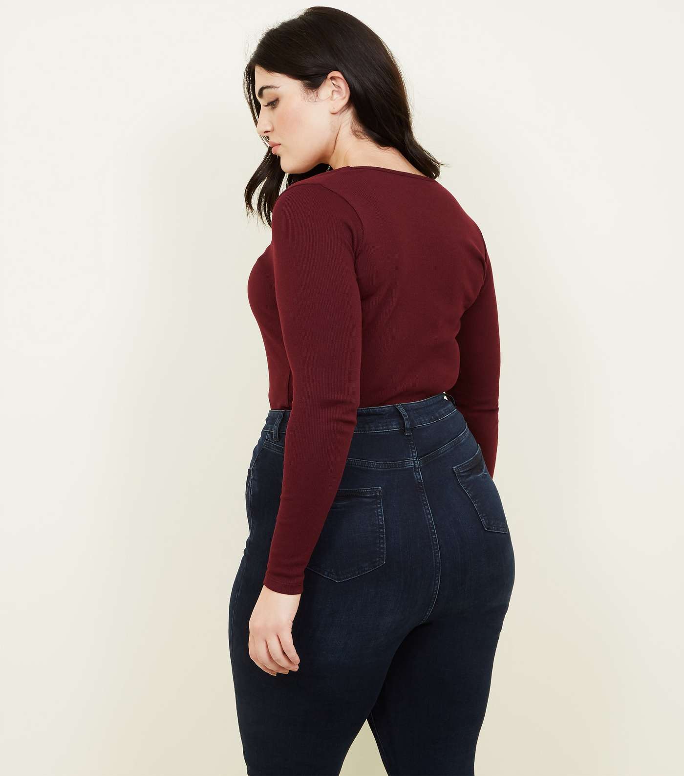 Curves Burgundy Ribbed Button Front Top  Image 3