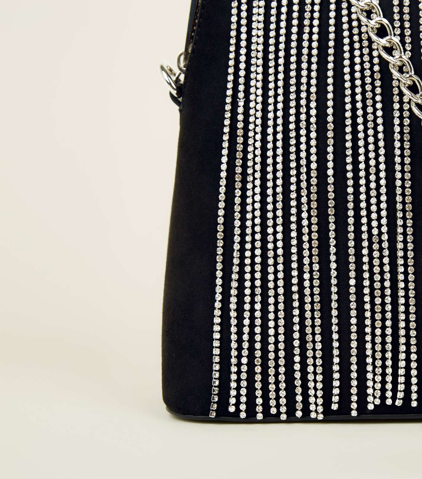 Black Suedette Diamanté Tassel Front Shoulder Bag Image 4