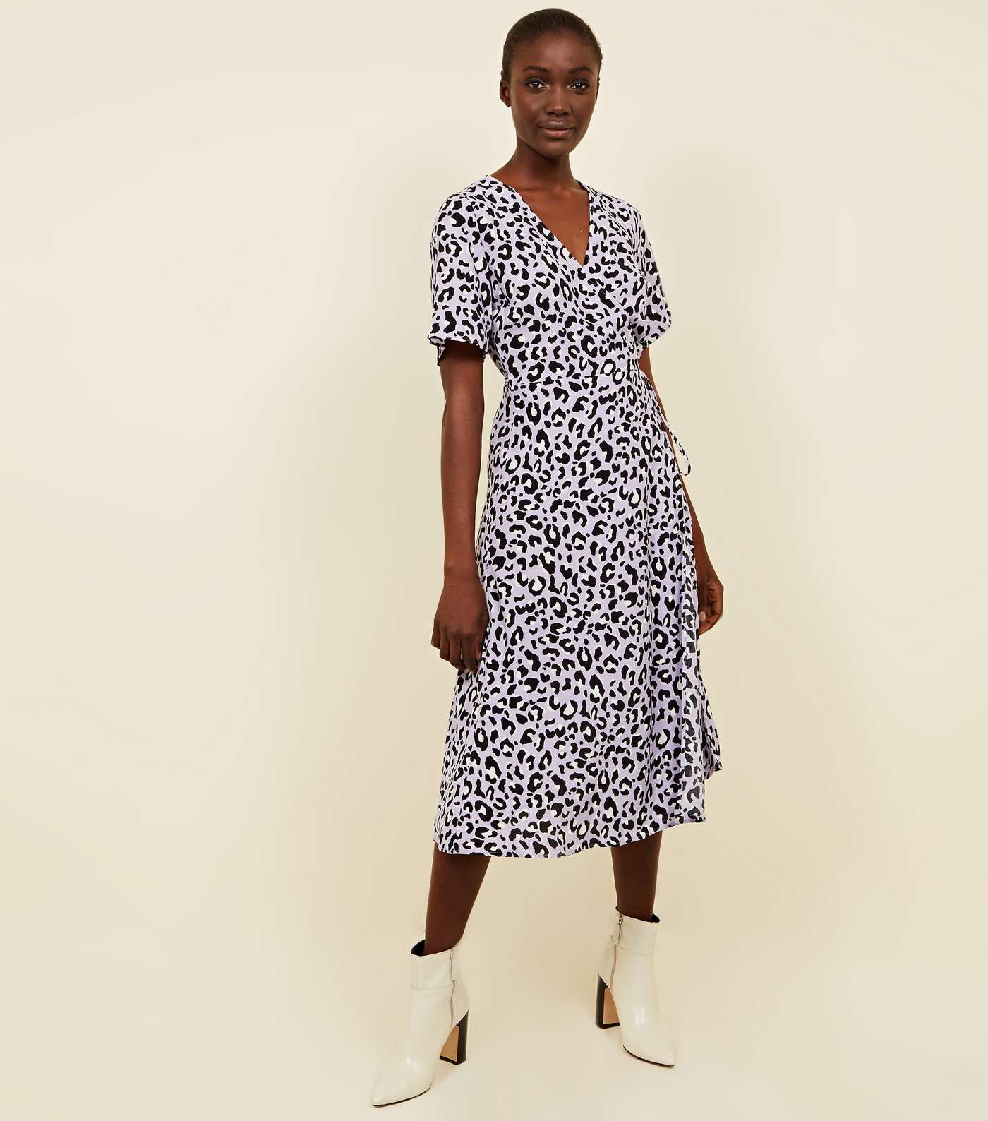 Lilac Leopard Print Wrap Front Midi Dress