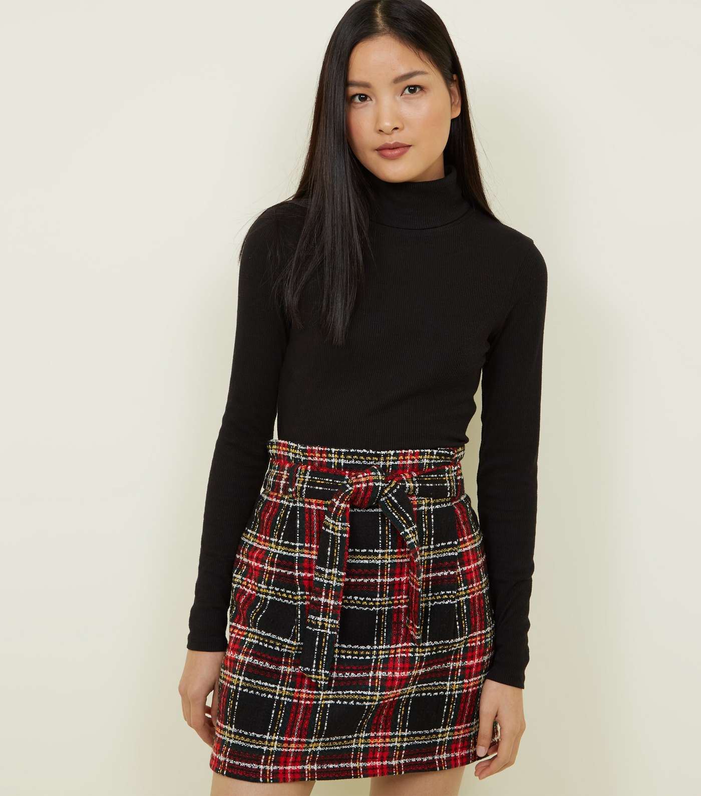 Black Bouclé Check Paperbag Mini Skirt