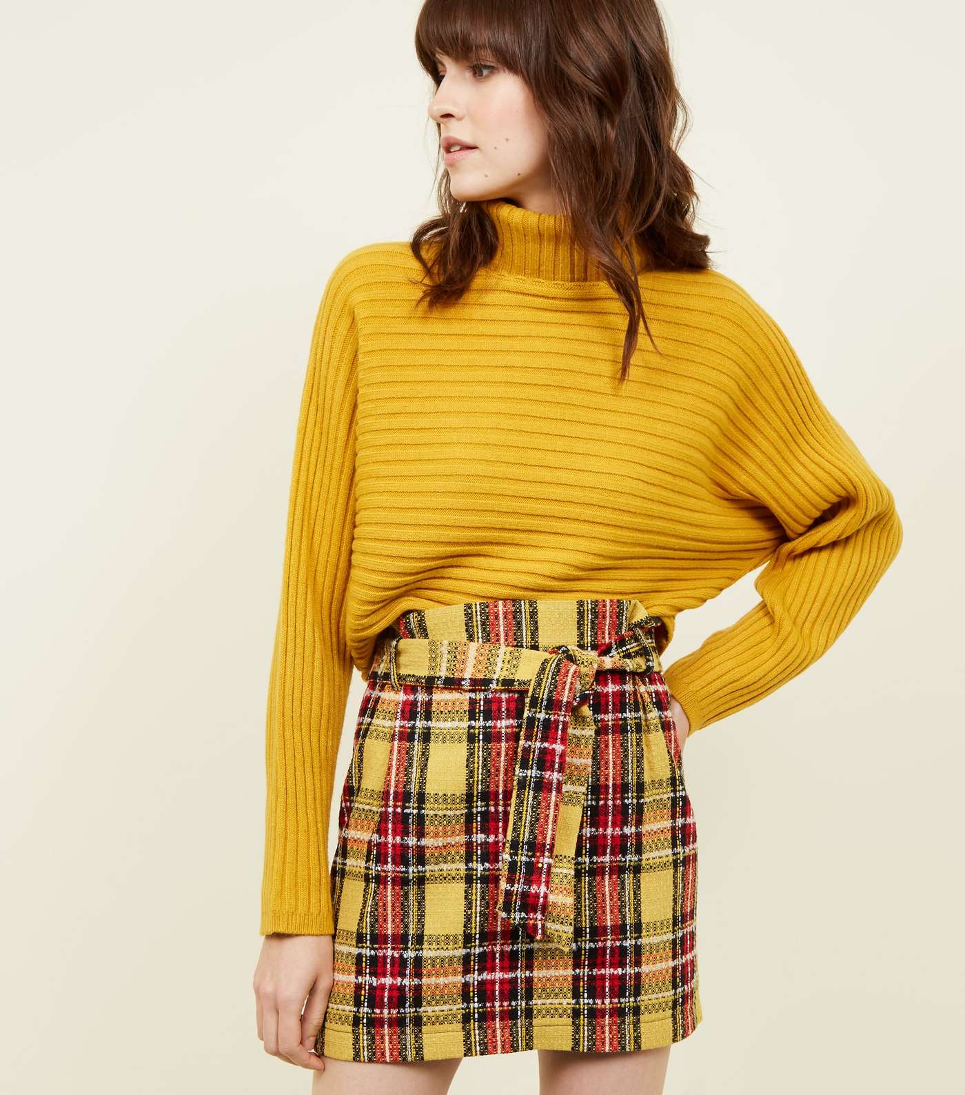 Yellow Bouclé Check Paperbag Mini Skirt