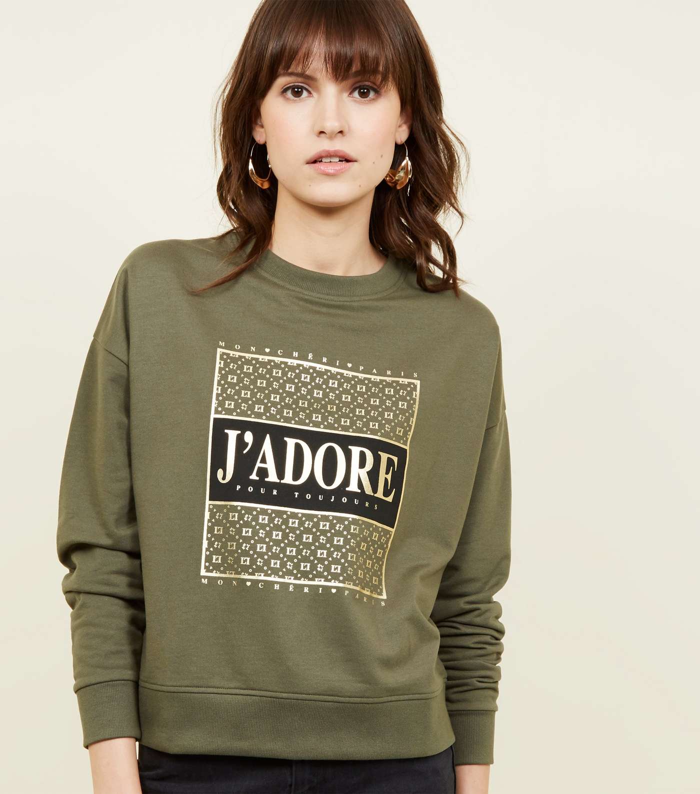 Khaki J'Adore Slogan Metallic Box Sweatshirt