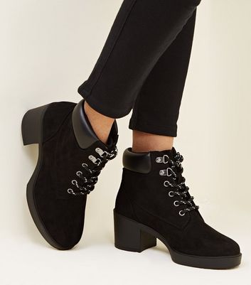 Girls Black Block Heel Hiker Boots 