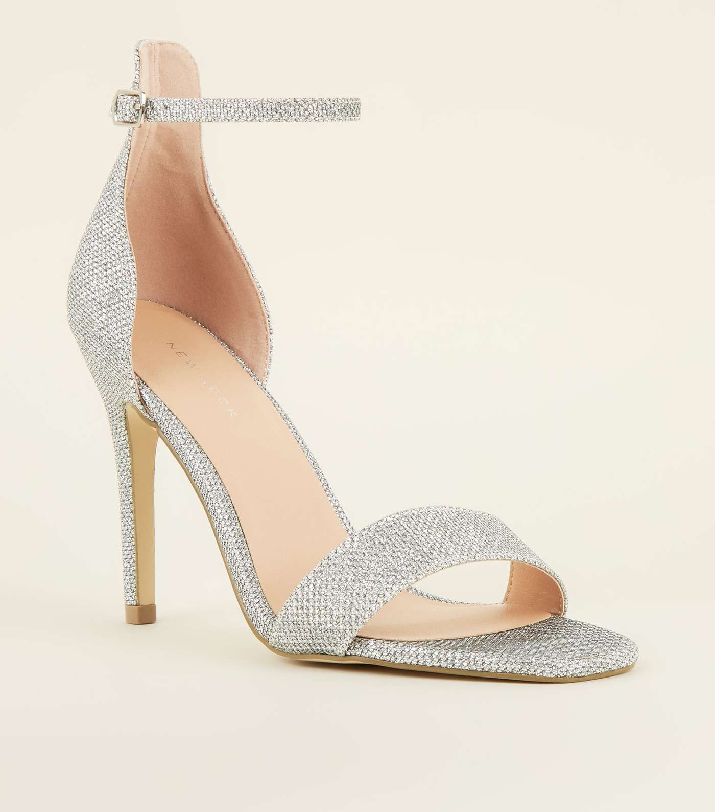 Silver Glitter Ankle Strap Stiletto Sandals