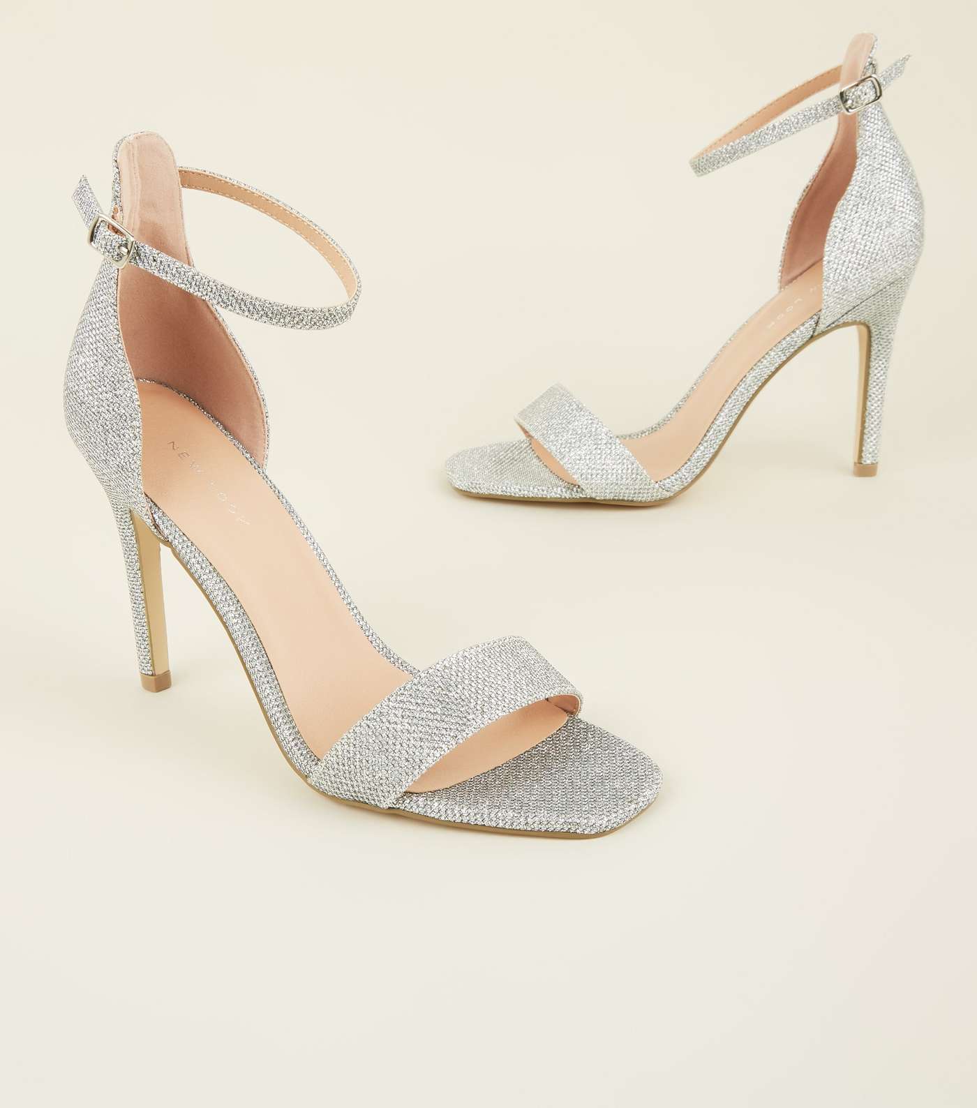 Silver Glitter Ankle Strap Stiletto Sandals Image 3