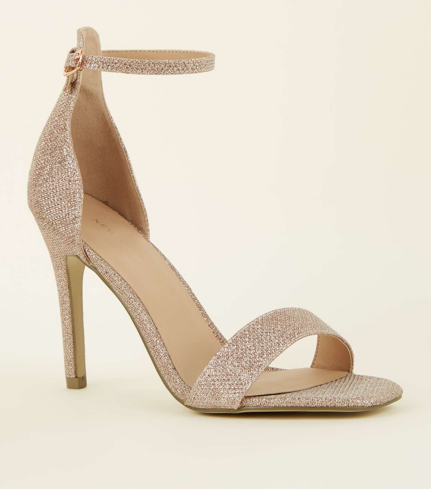 Rose Gold Glitter Ankle Strap Stiletto Sandals