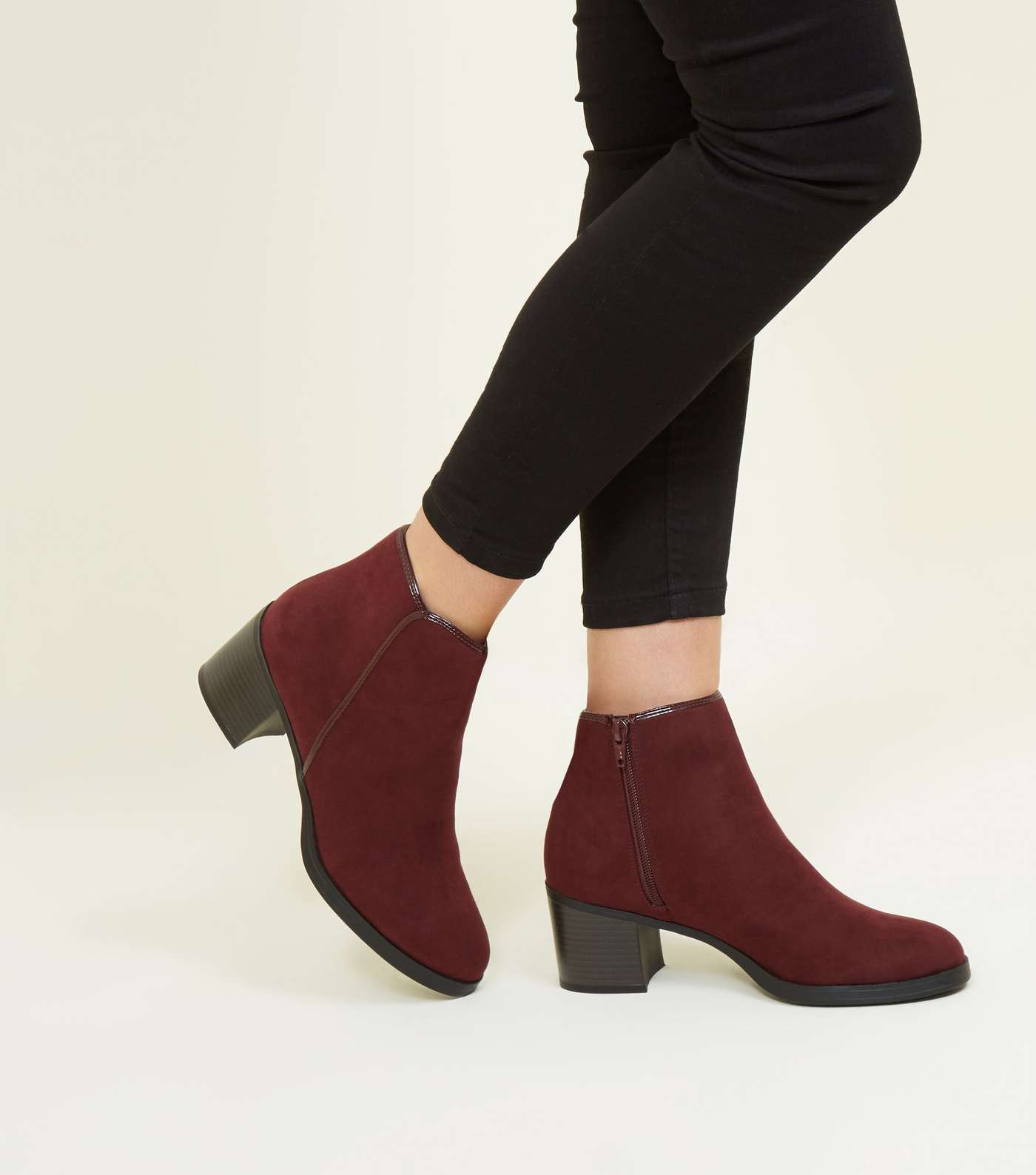 Burgundy Comfort Suedette Patent Trim Ankle Boots Image 2
