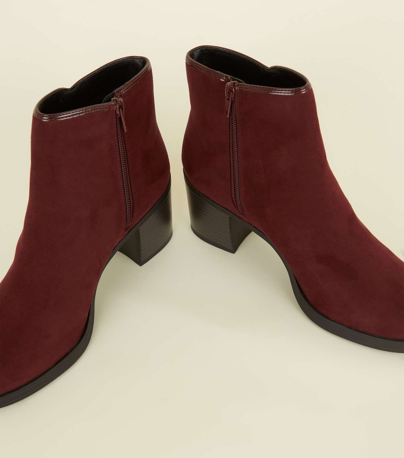 Burgundy Comfort Suedette Patent Trim Ankle Boots Image 4
