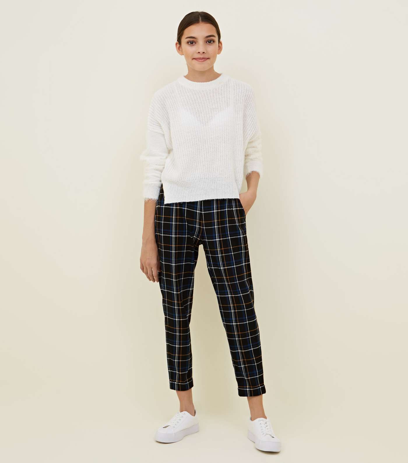 Girls Black Check Pull On Trousers 