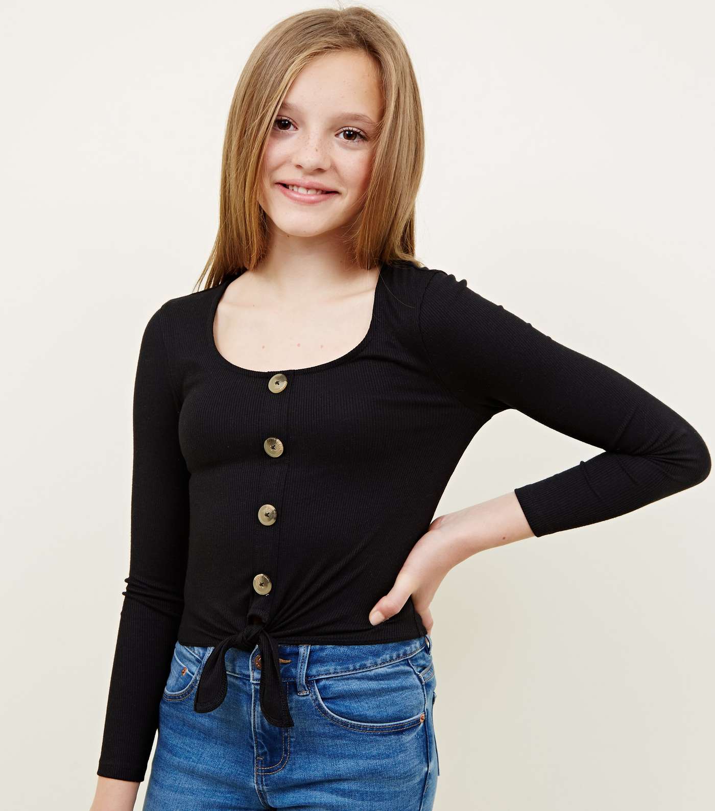 Girls Black Ribbed Button Tie Front Top