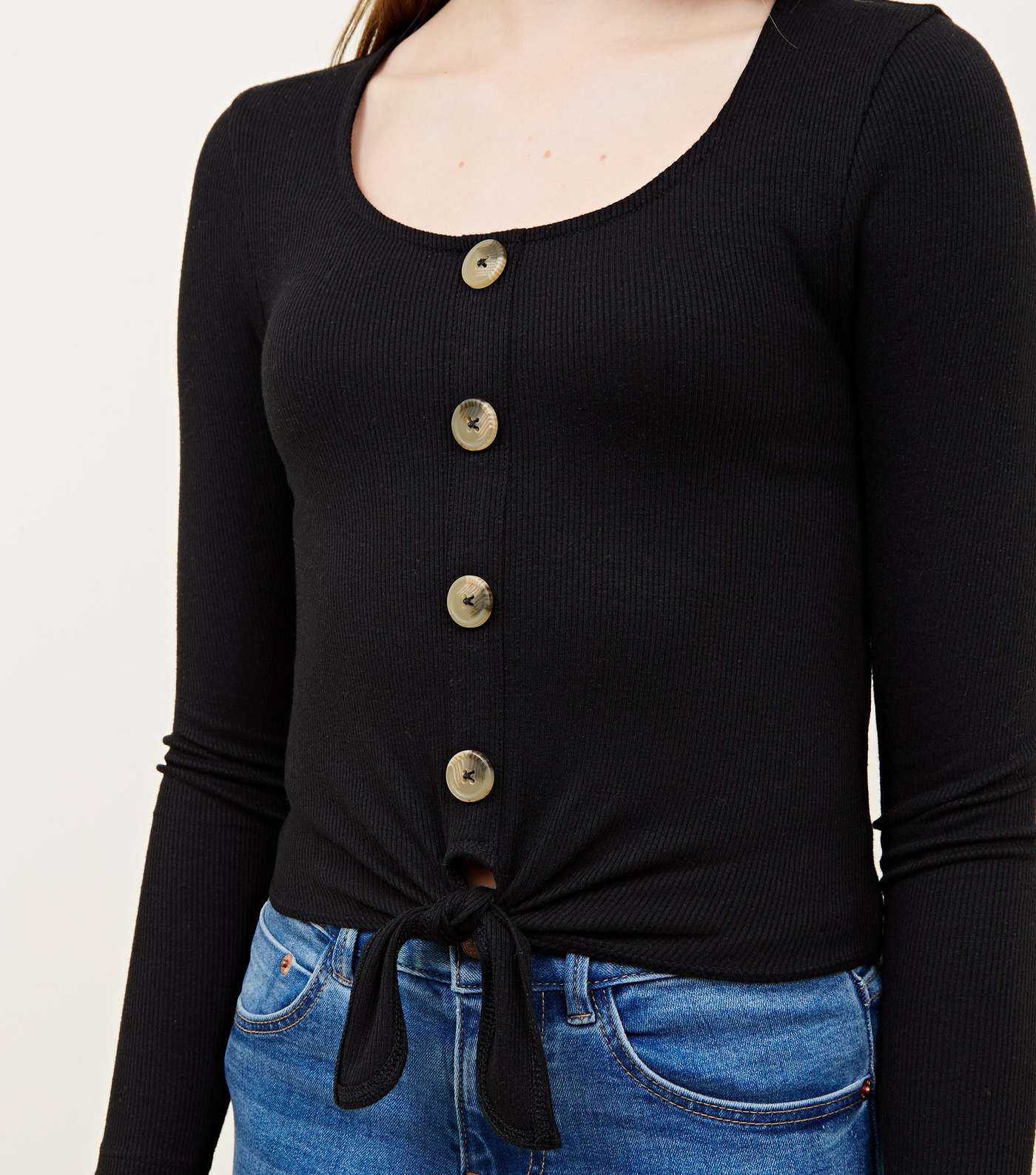Girls Black Ribbed Button Tie Front Top Image 5