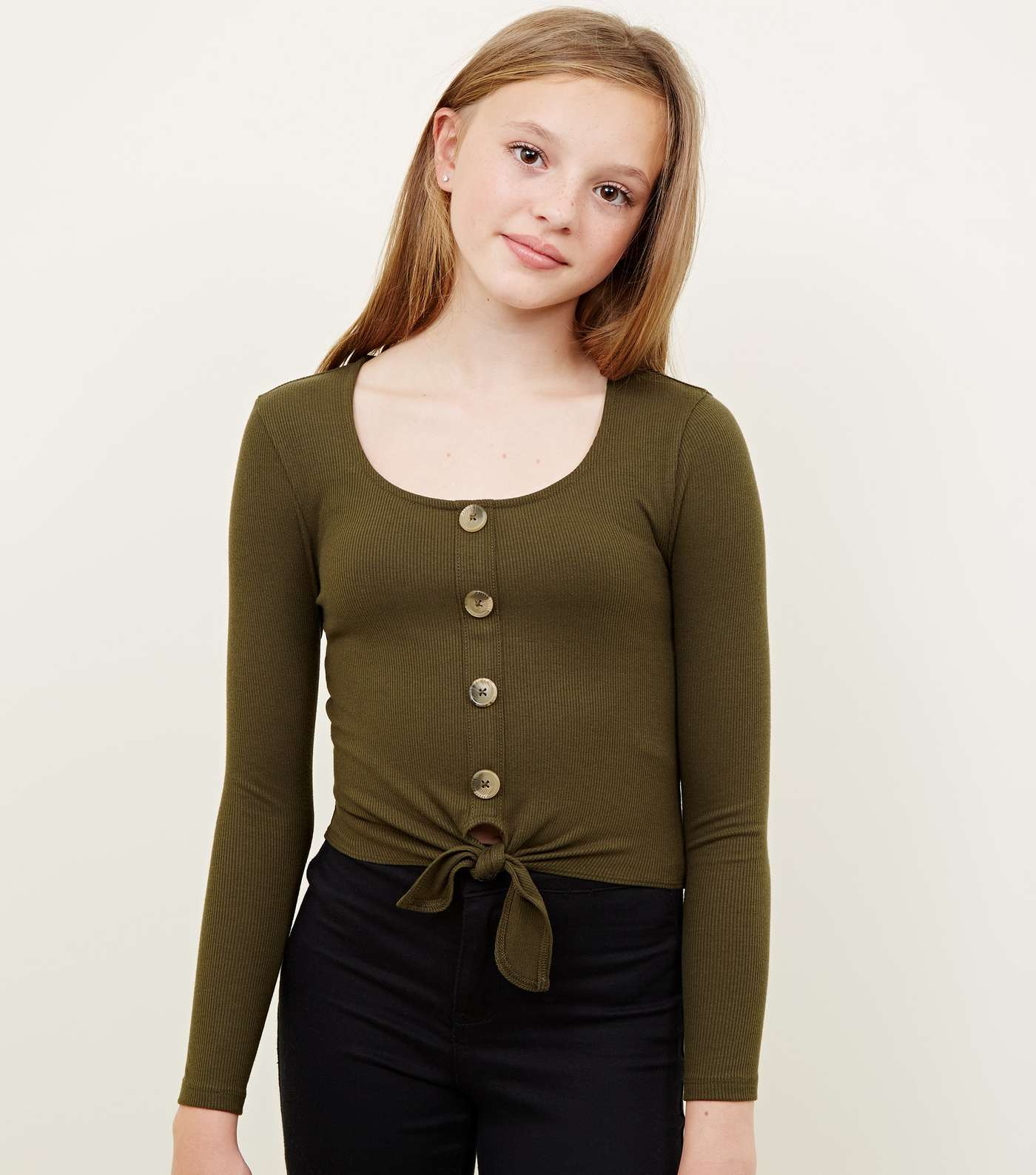 Girls Khaki Ribbed Button Tie Front Top