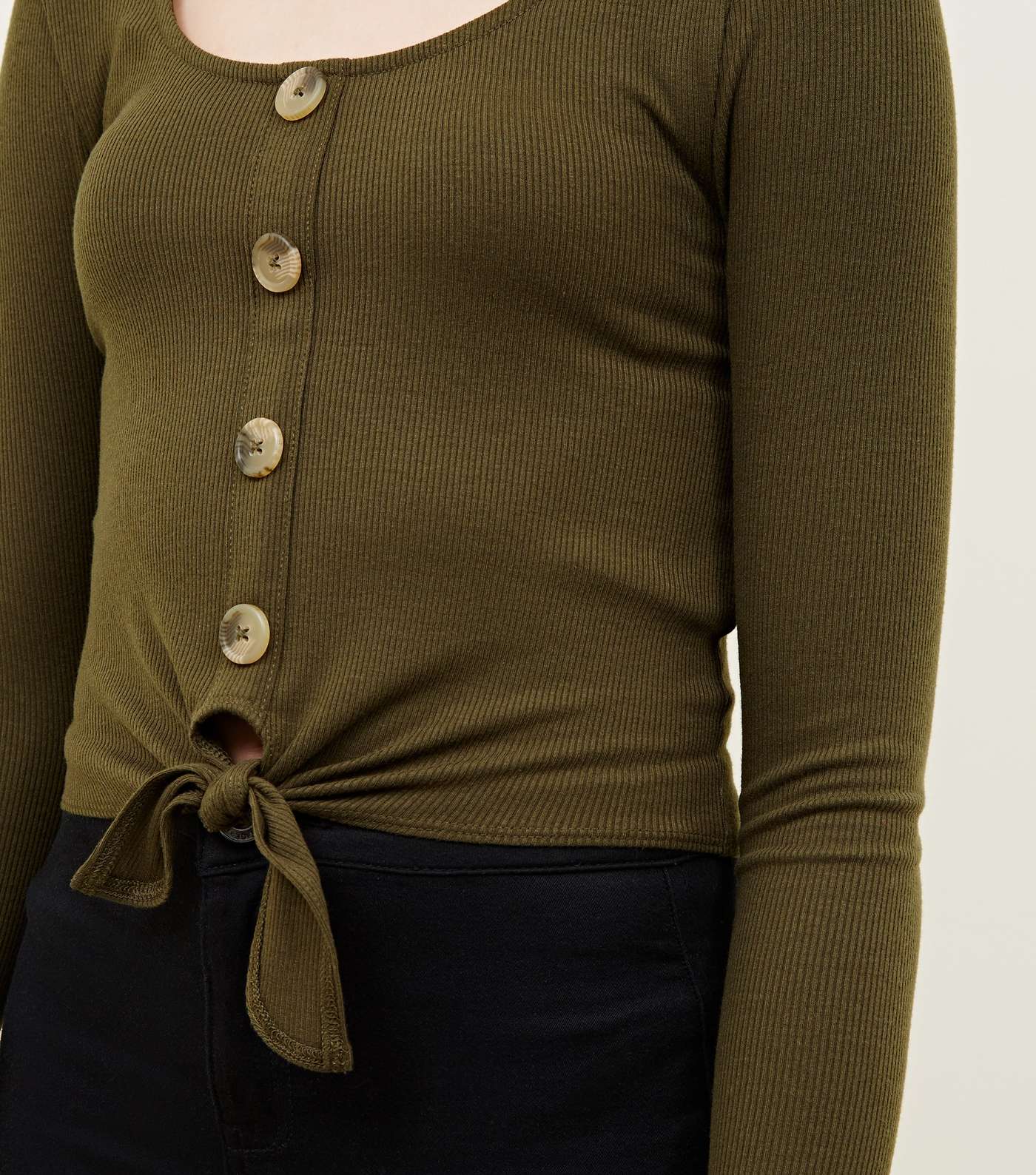 Girls Khaki Ribbed Button Tie Front Top Image 5
