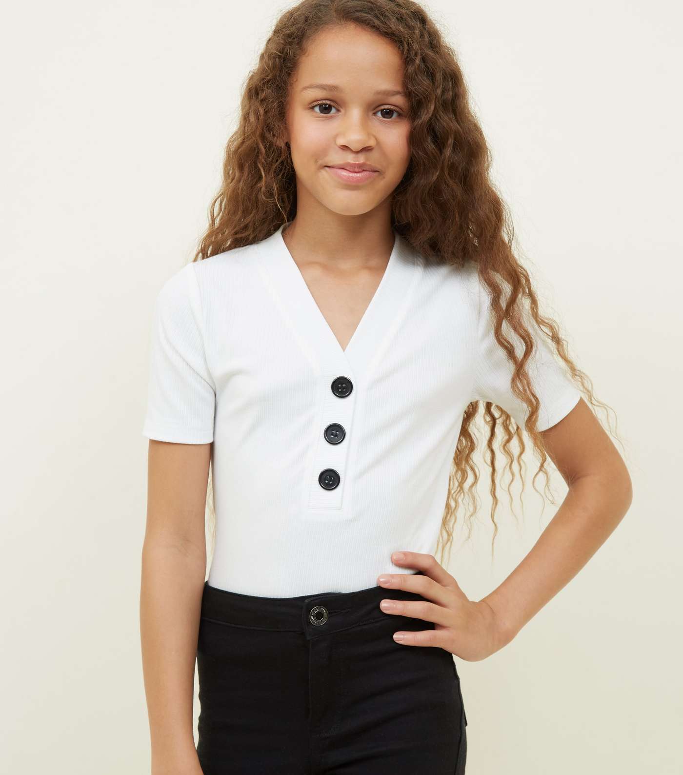 Girls Off White Button Placket Ribbed T-Shirt