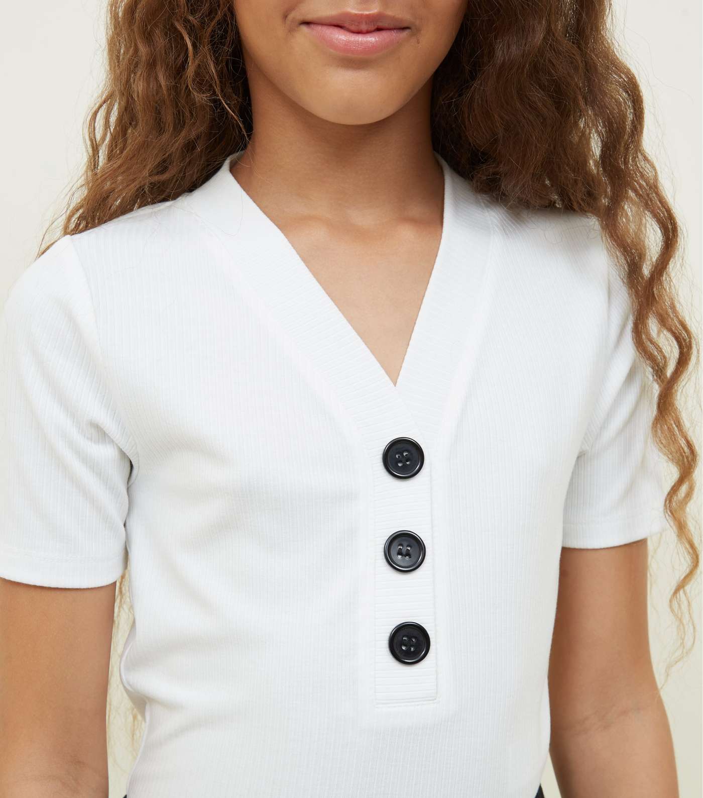 Girls Off White Button Placket Ribbed T-Shirt Image 5