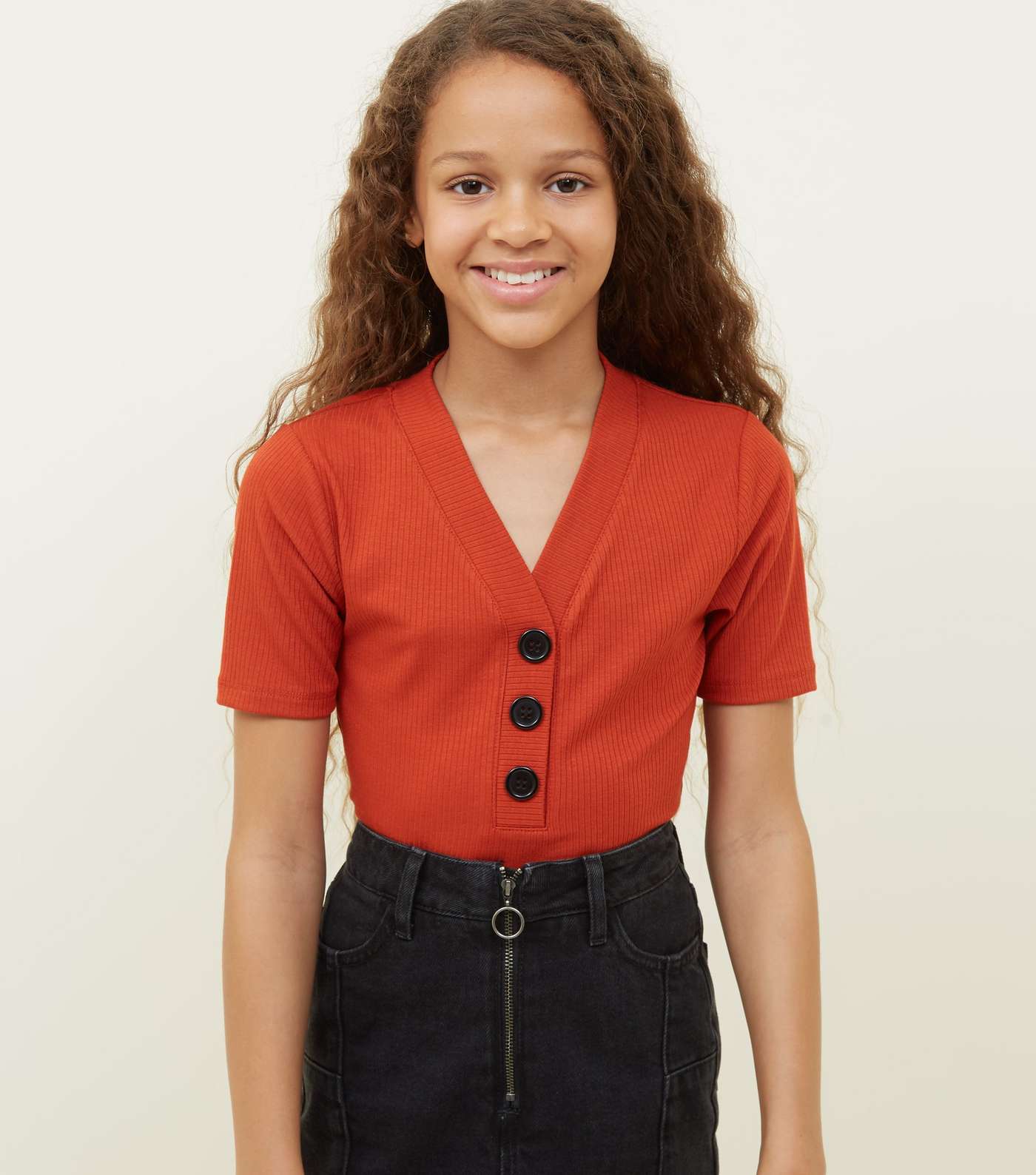Girls Orange Button Placket Ribbed T-Shirt