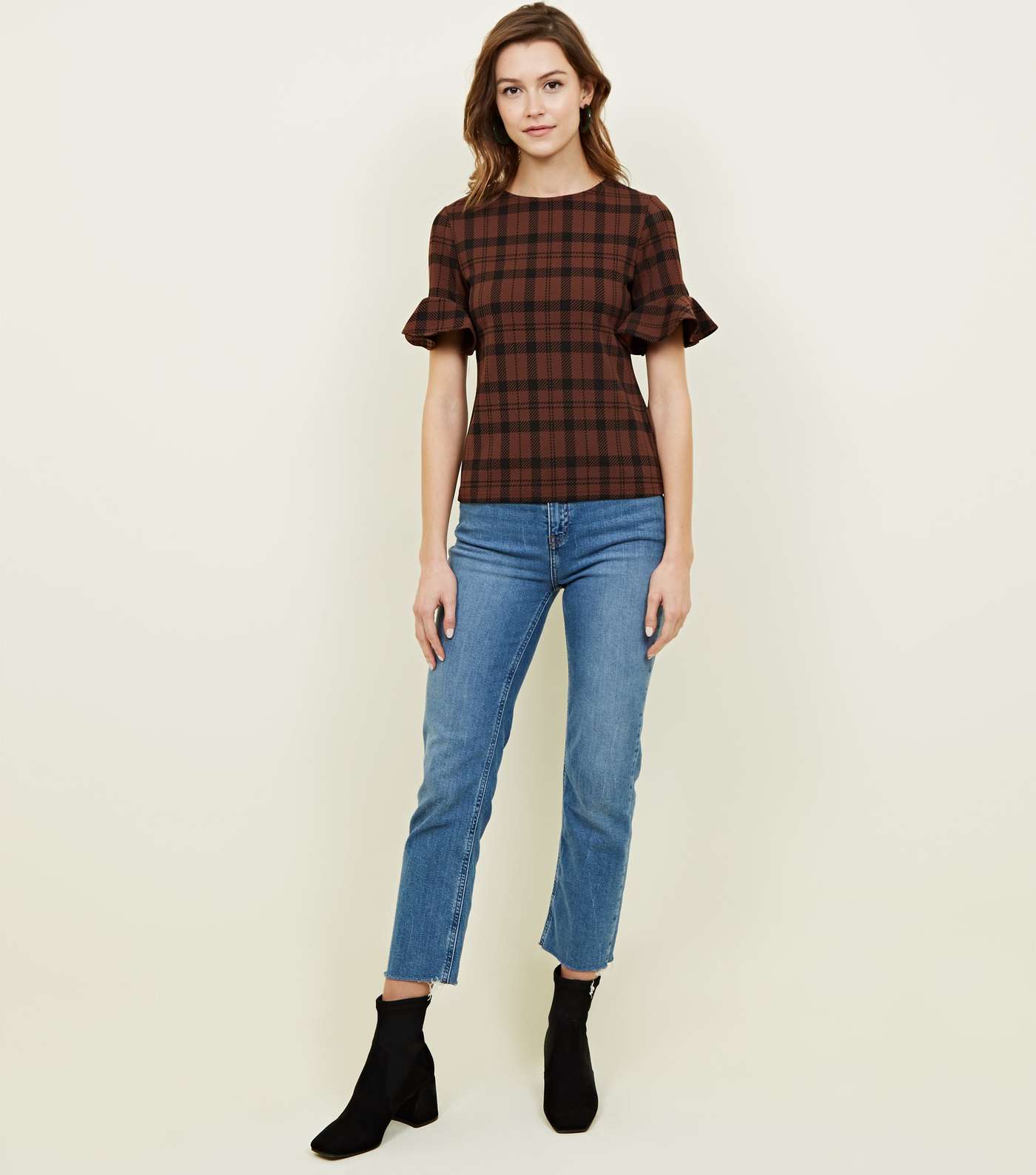 Brown Check Bell Sleeve T-Shirt Image 2