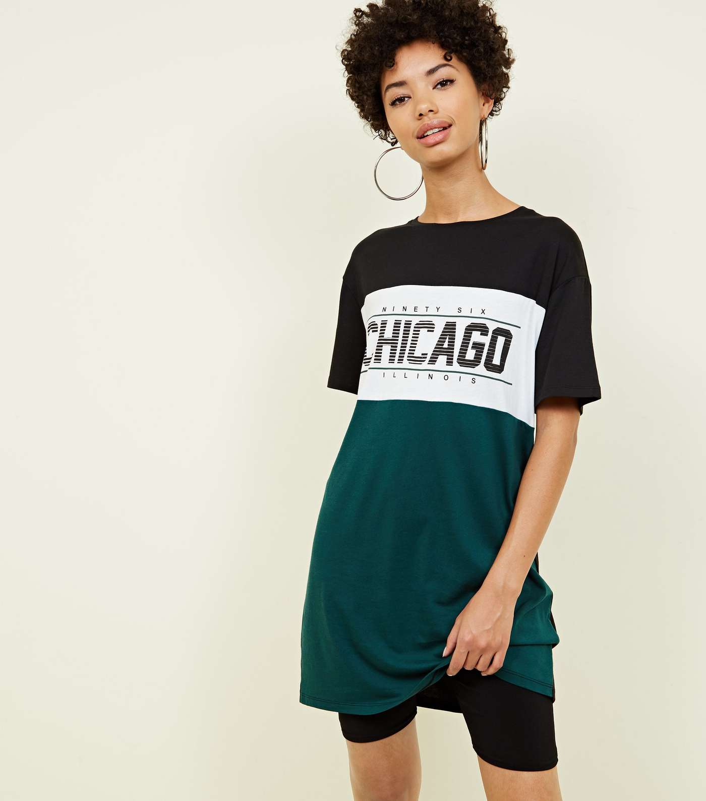Green Colour Block Chicago Slogan Longline T-Shirt 