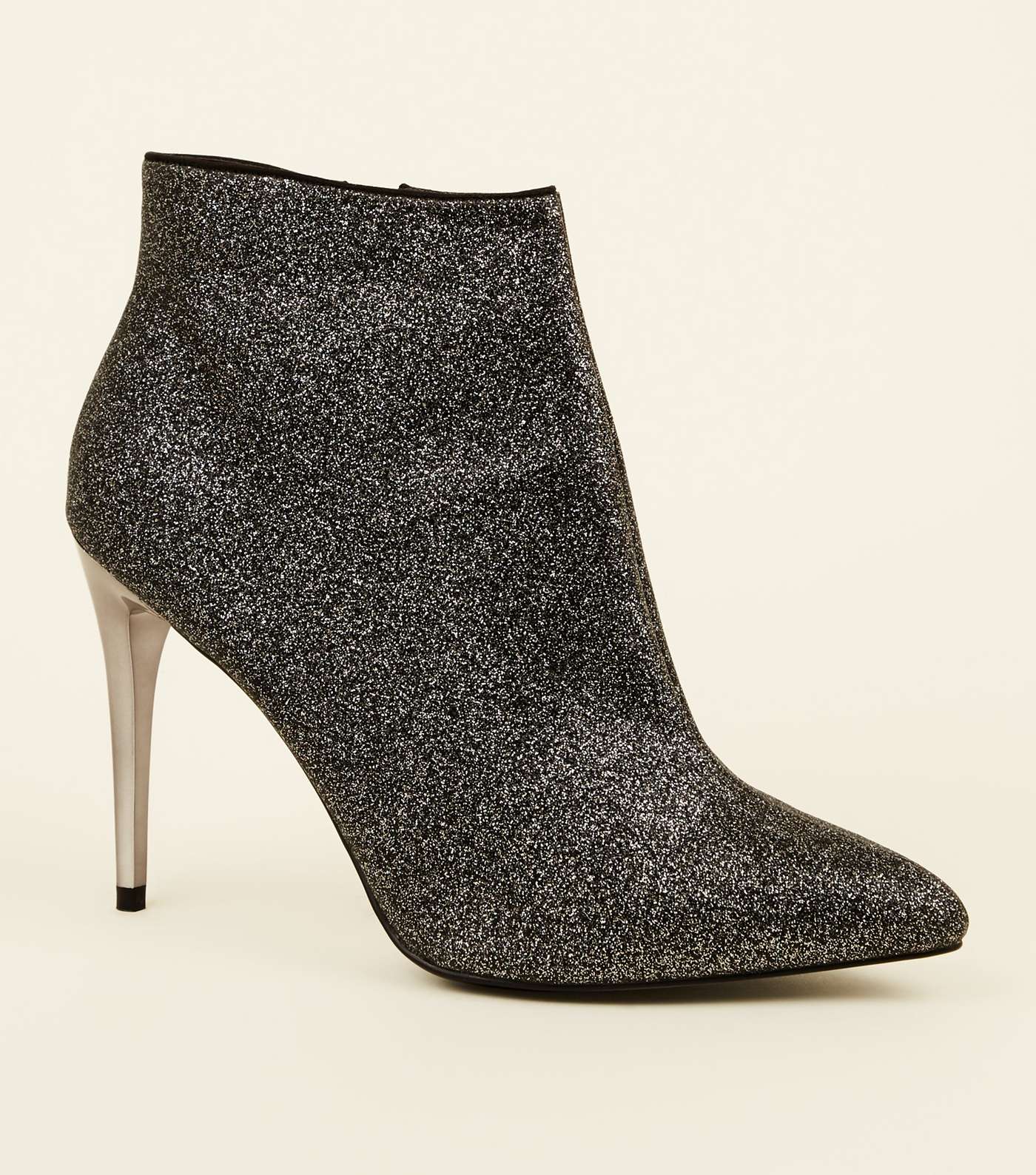 Pewter Glitter Metal Heel Ankle Boots