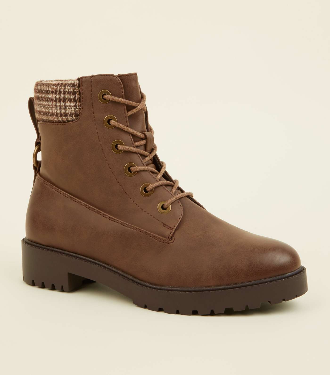 Brown Check Cuff Flat Lace Up Boots