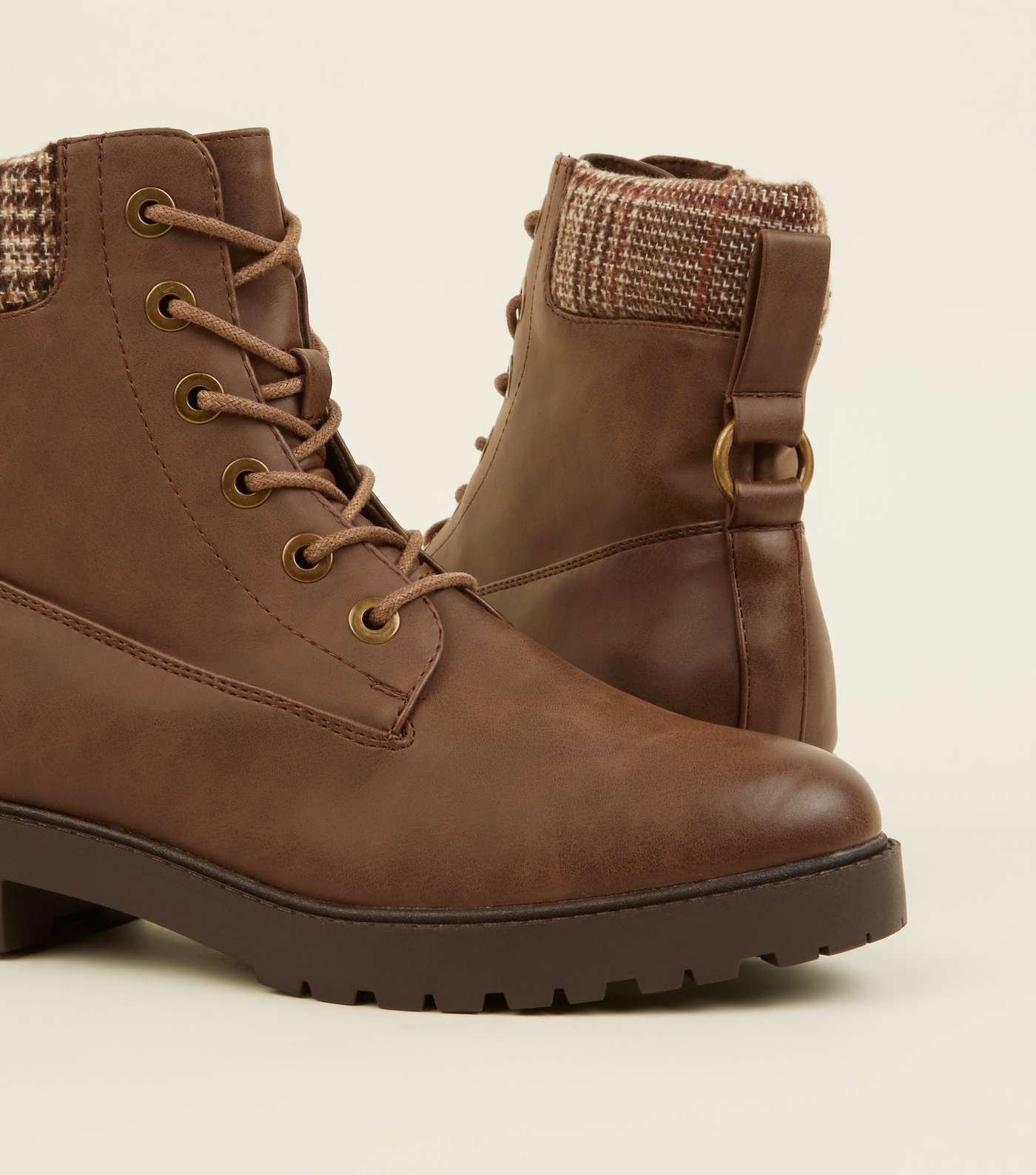 Brown Check Cuff Flat Lace Up Boots Image 3